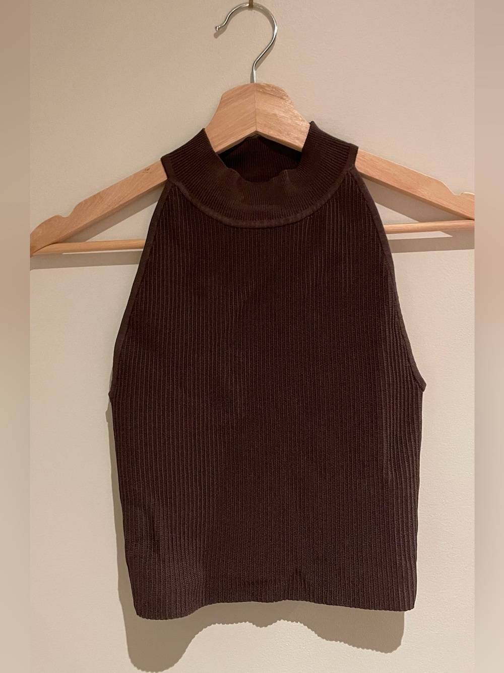 Ribbed High Neck Sleeveless Top - Dark Brown